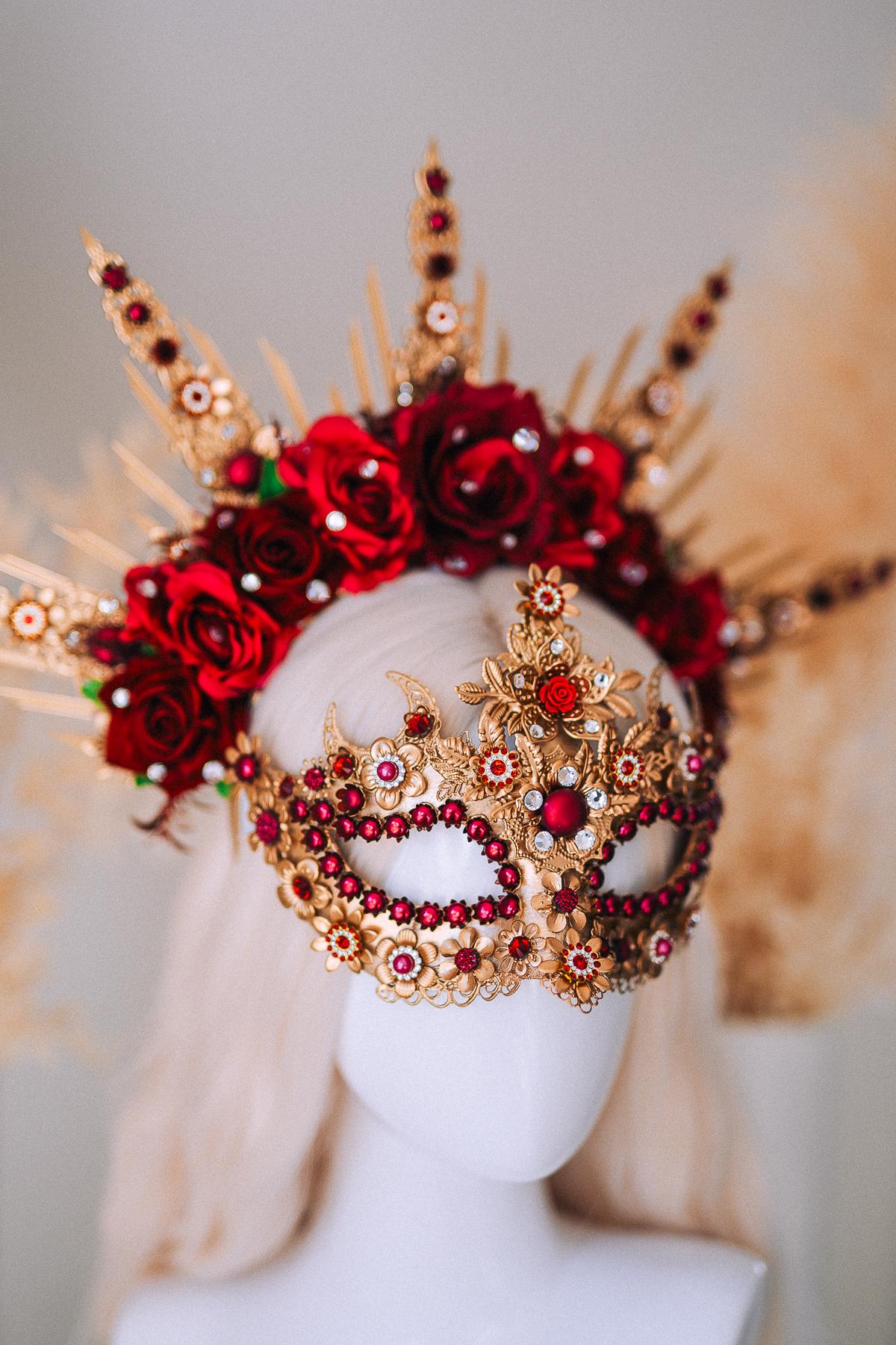 Burgundy Gold Crystal Masquerade Mask with Halo Crown, Venetian Mardi Gras Costume