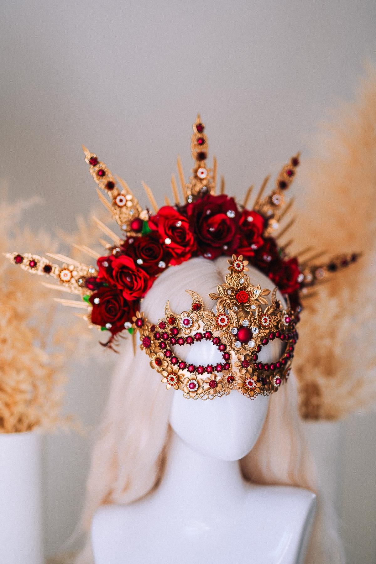 Burgundy Gold Crystal Masquerade Mask with Halo Crown, Venetian Mardi Gras Costume