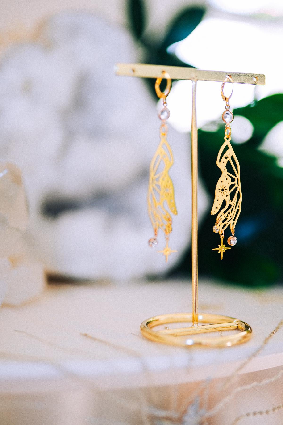 Celestial Hand Earrings Gold Star Jewelry Goddess Earrings Statement Bridal Jewelry