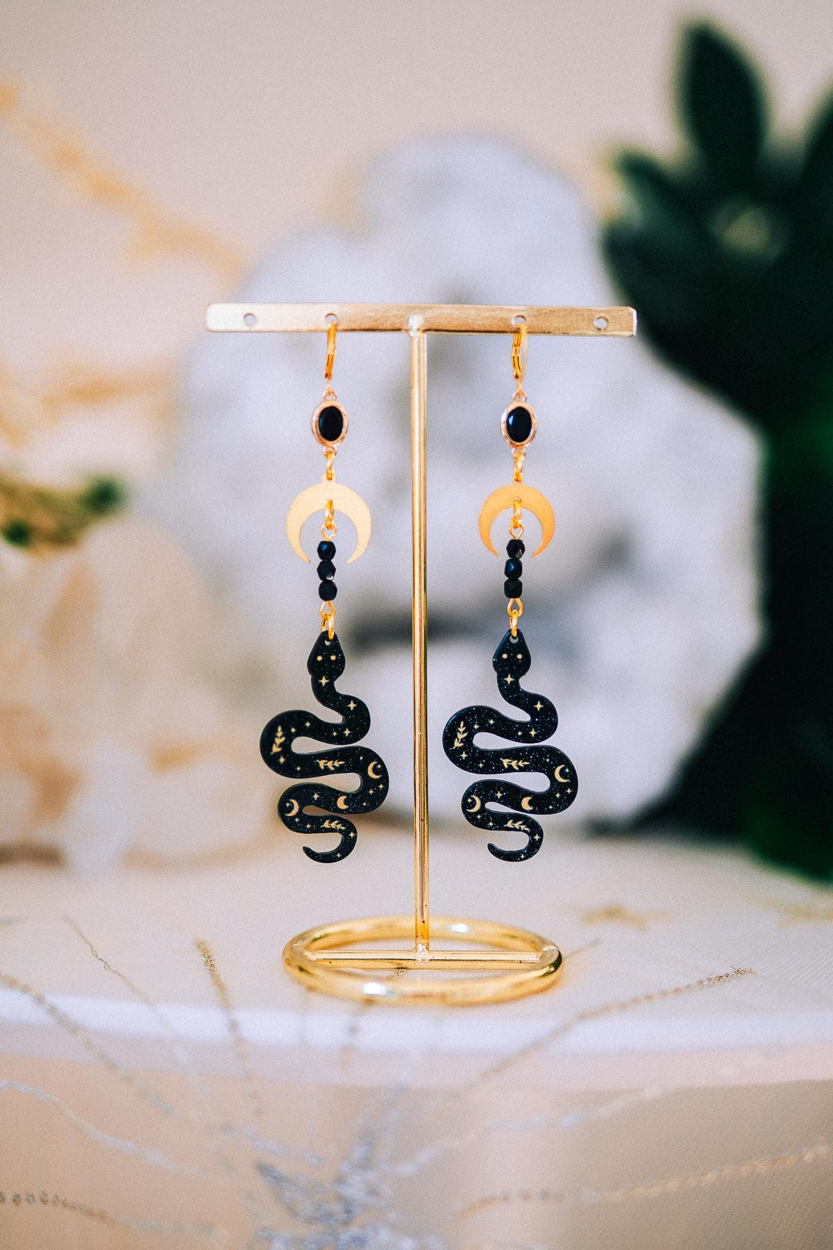 Celestial Snake Earrings Gold Moon Star Jewelry Statement Bridal Accessory