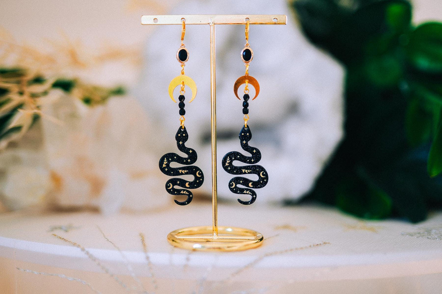 Celestial Snake Earrings Gold Moon Star Jewelry Statement Bridal Accessory