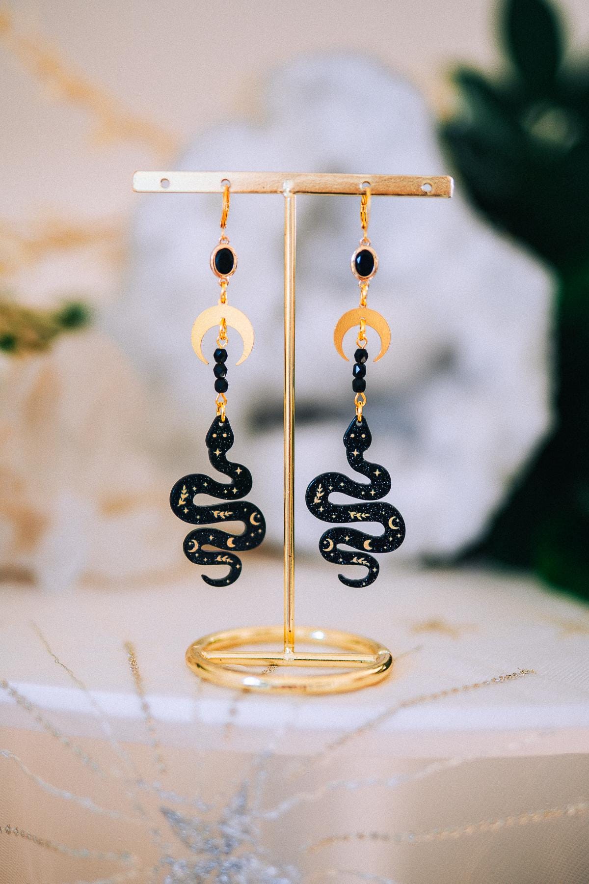 Celestial Snake Earrings Gold Moon Star Jewelry Statement Bridal Accessory