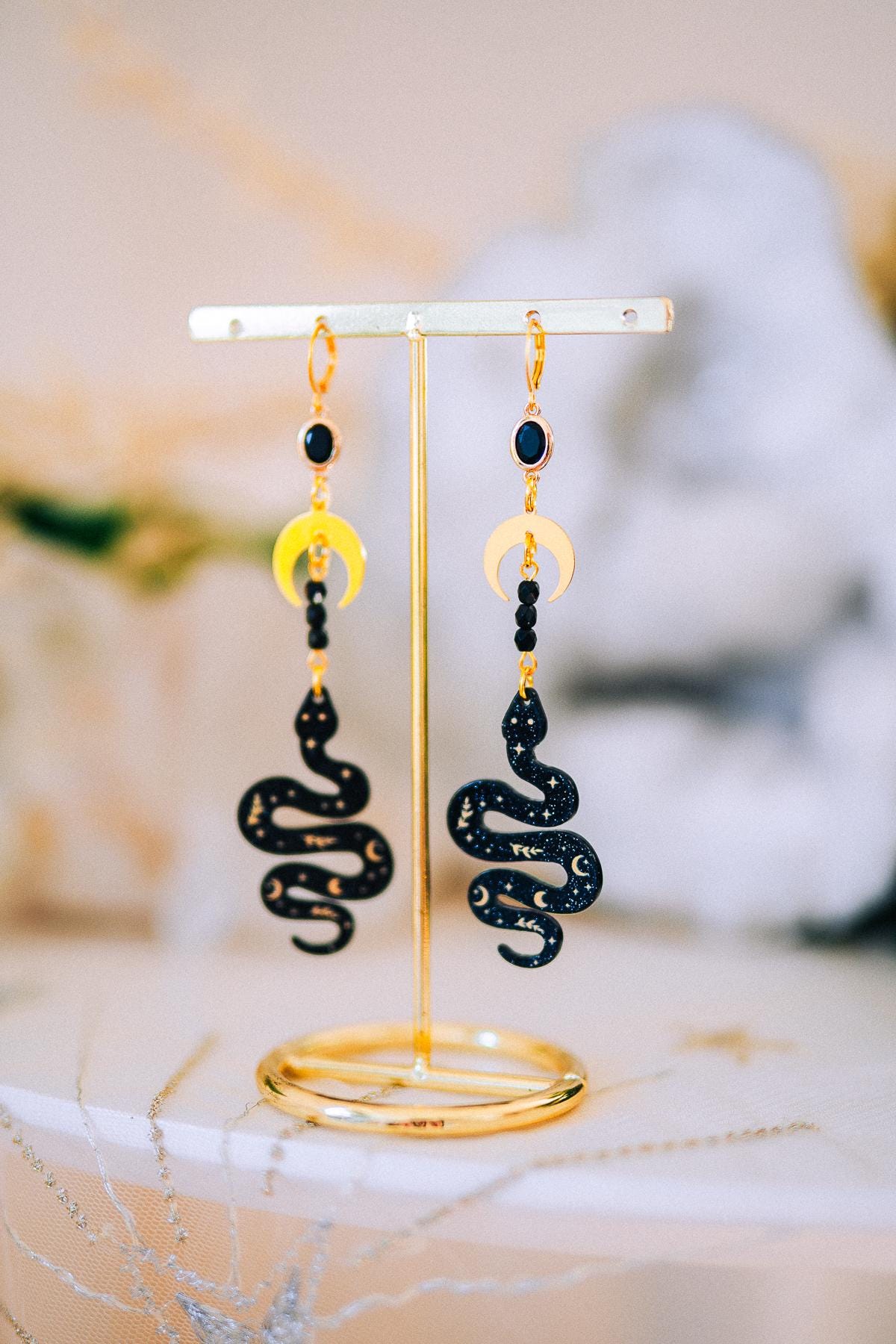 Celestial Snake Earrings Gold Moon Star Jewelry Statement Bridal Accessory