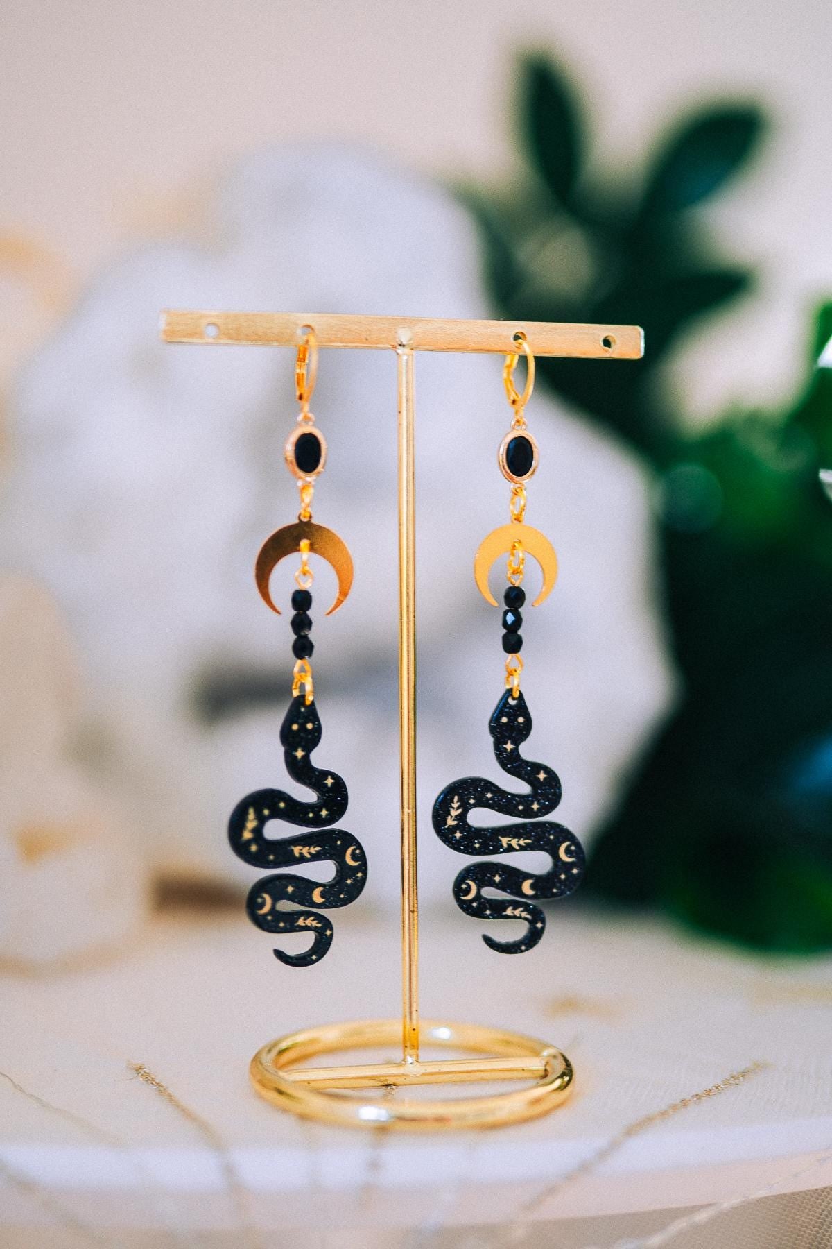 Celestial Snake Earrings Gold Moon Star Jewelry Statement Bridal Accessory