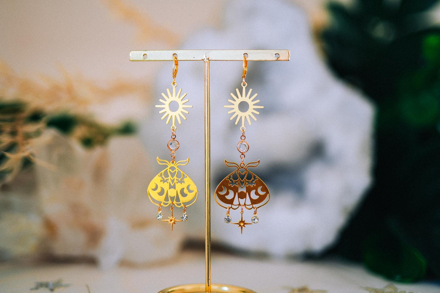Celestial Moth Earrings Gold Sun Moon Jewelry Goddess Earrings Bridal Statement Jewelry