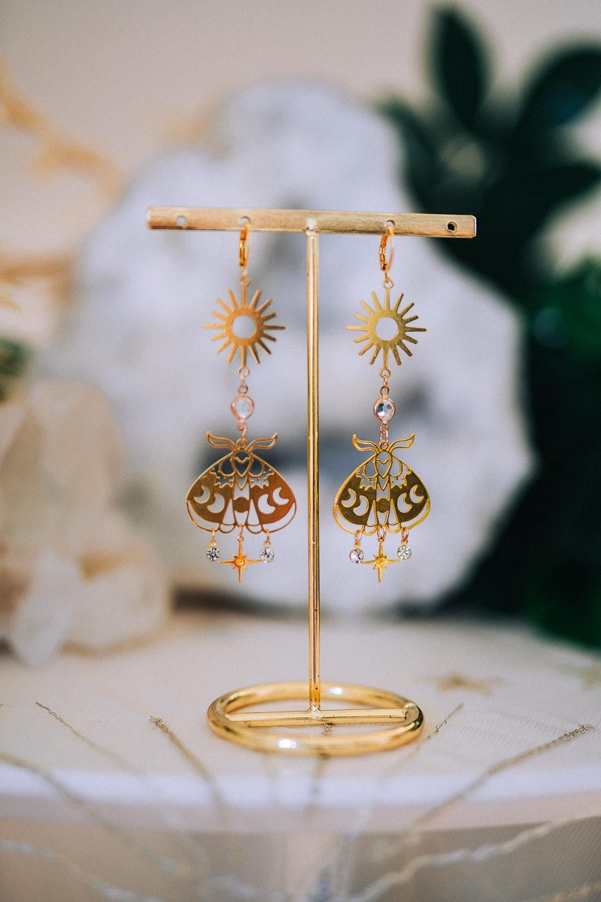 Celestial Moth Earrings Gold Sun Moon Jewelry Goddess Earrings Bridal Statement Jewelry