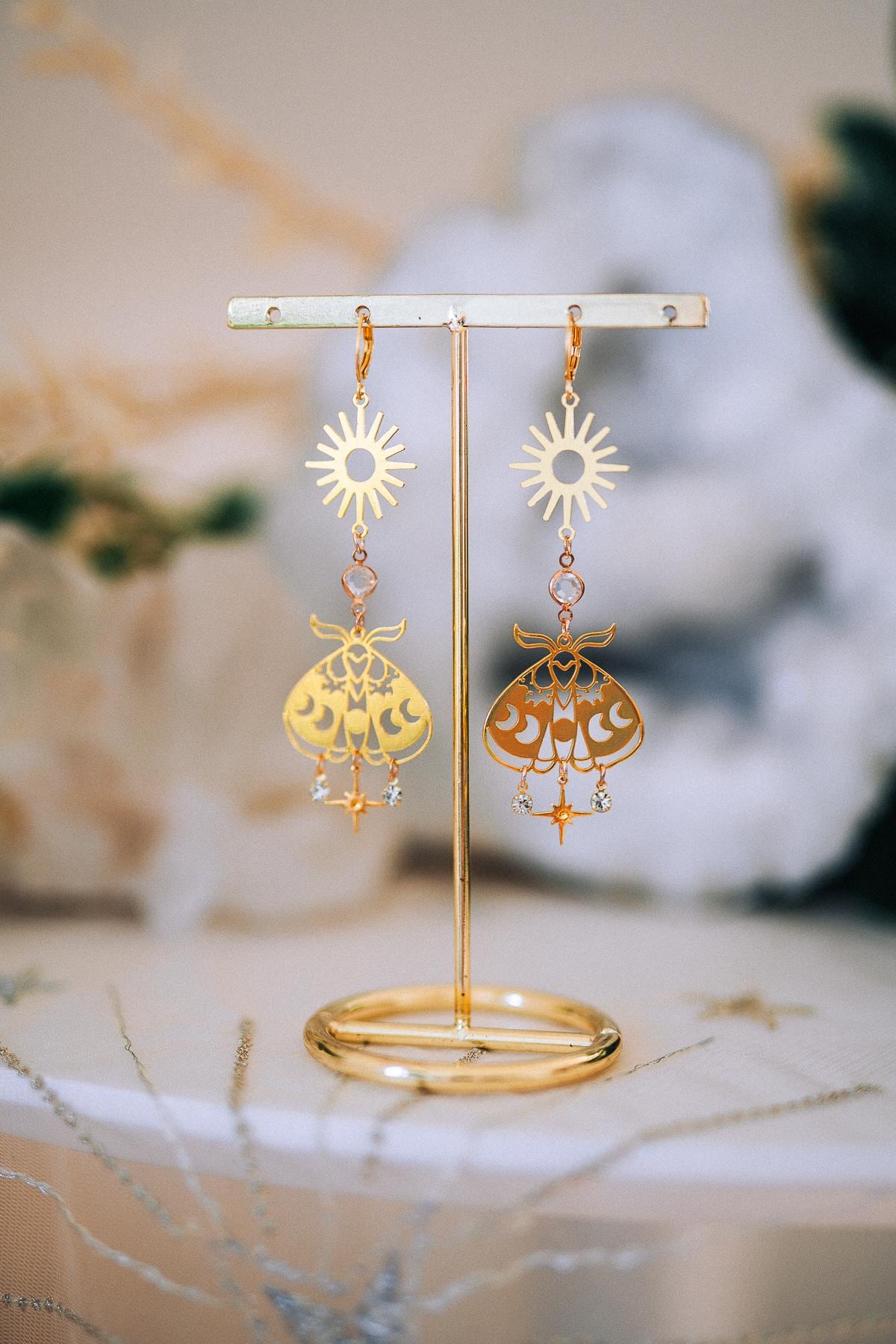 Celestial Moth Earrings Gold Sun Moon Jewelry Goddess Earrings Bridal Statement Jewelry