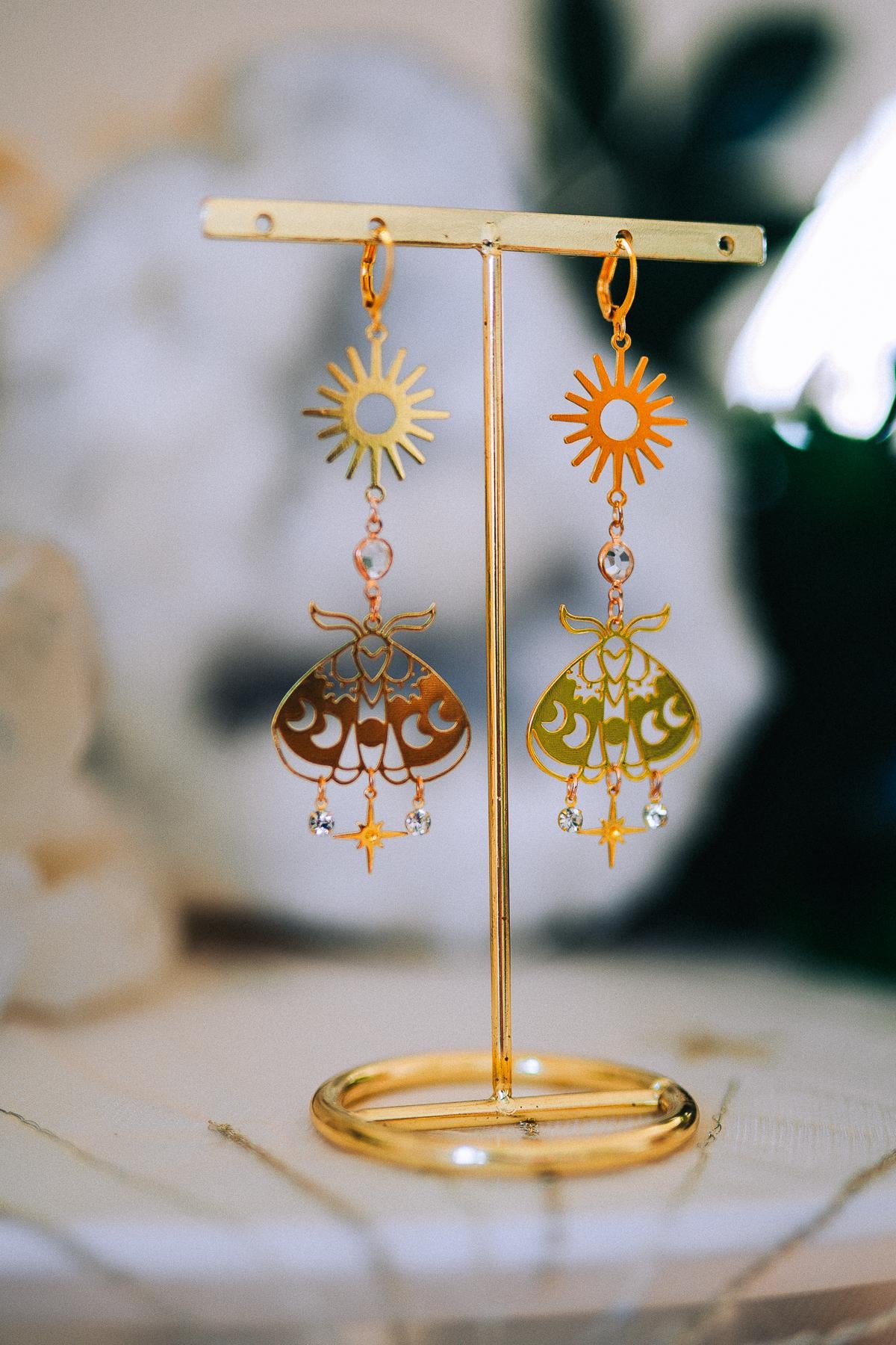 Celestial Moth Earrings Gold Sun Moon Jewelry Goddess Earrings Bridal Statement Jewelry