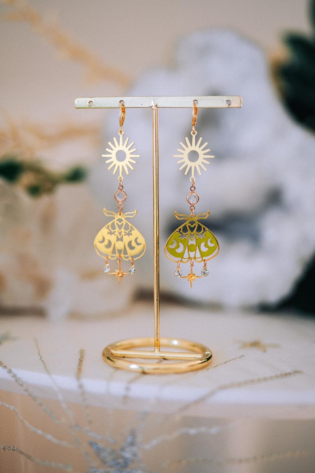 Celestial Moth Earrings Gold Sun Moon Jewelry Goddess Earrings Bridal Statement Jewelry