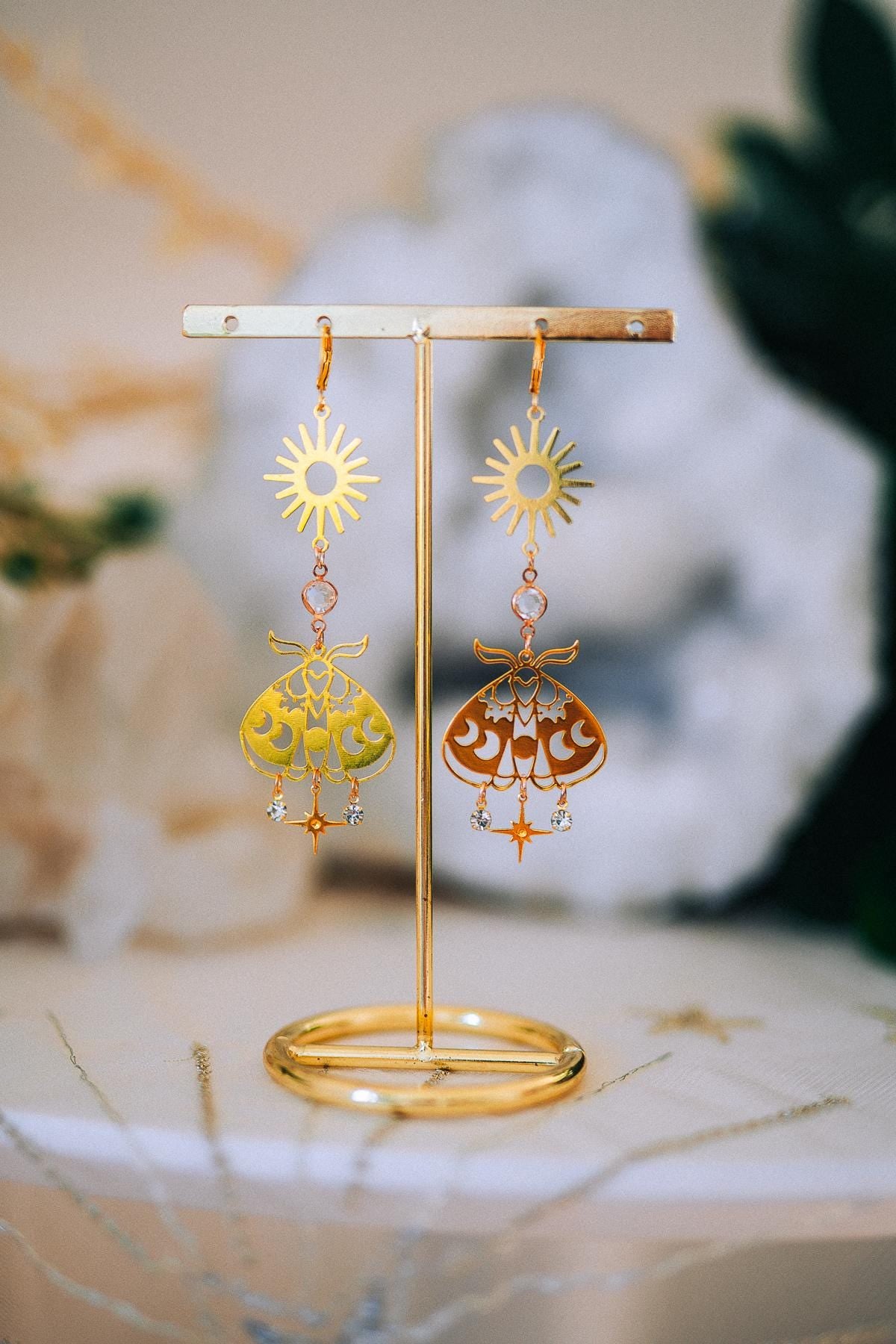 Celestial Moth Earrings Gold Sun Moon Jewelry Goddess Earrings Bridal Statement Jewelry