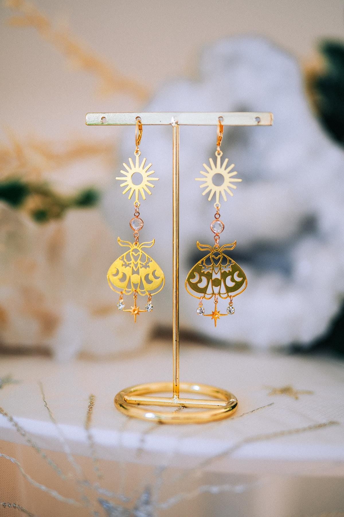 Celestial Moth Earrings Gold Sun Moon Jewelry Goddess Earrings Bridal Statement Jewelry
