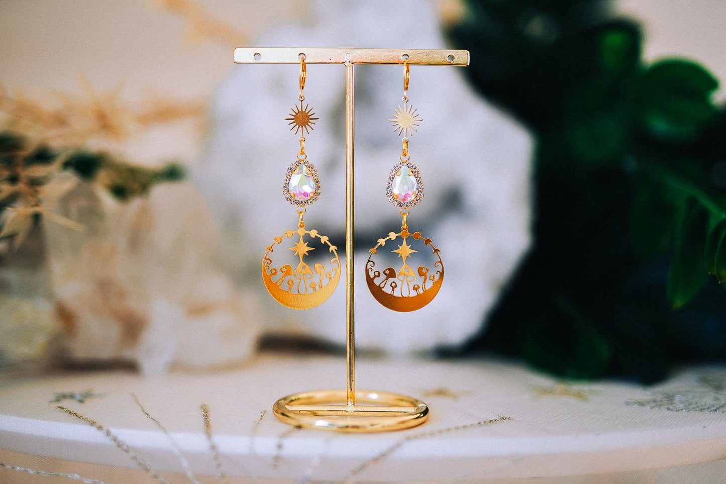 Celestial Mushroom Earrings Gold Crystal Jewelry Festival Goddess Earrings Statement Jewelry