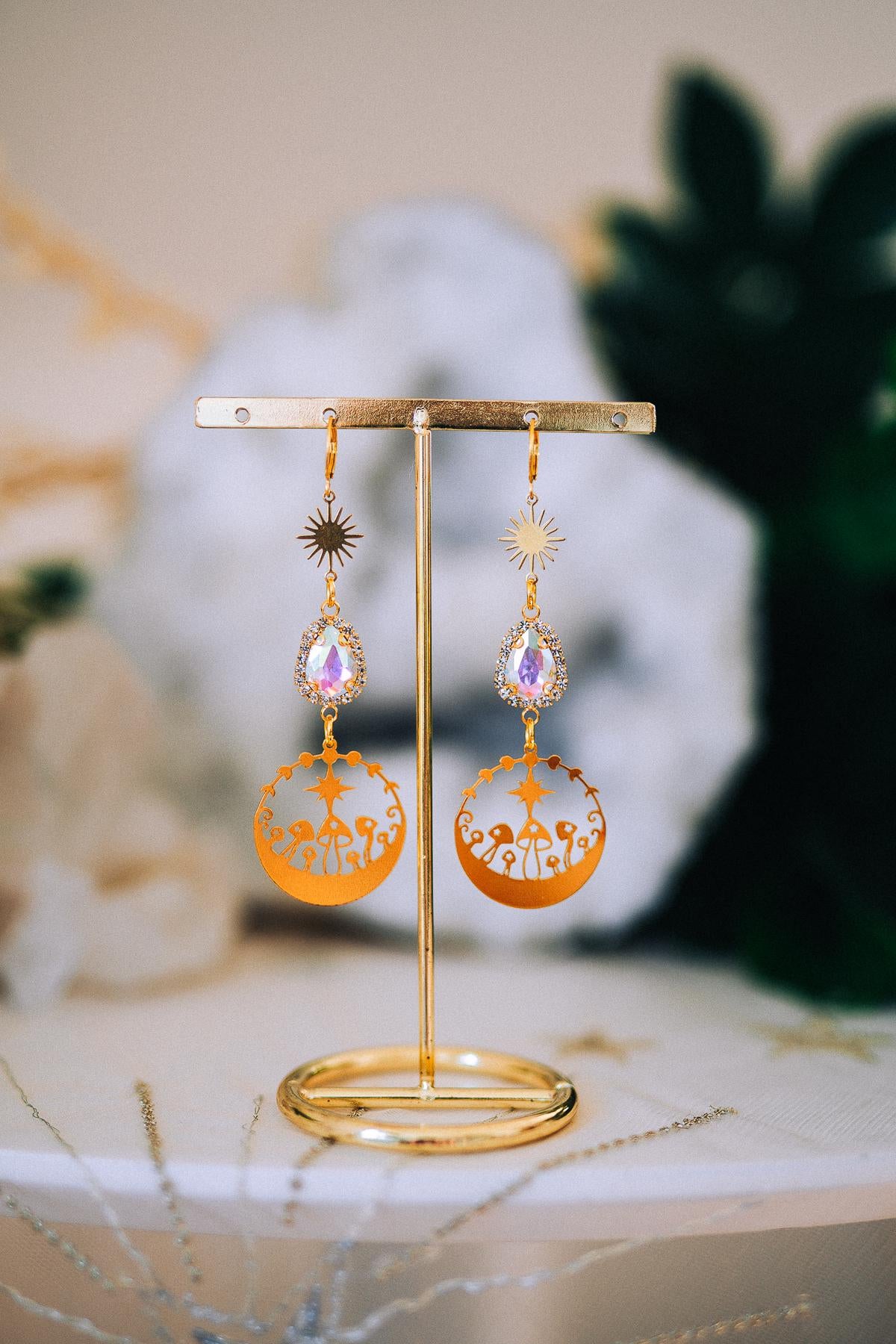 Celestial Mushroom Earrings Gold Crystal Jewelry Festival Goddess Earrings Statement Jewelry