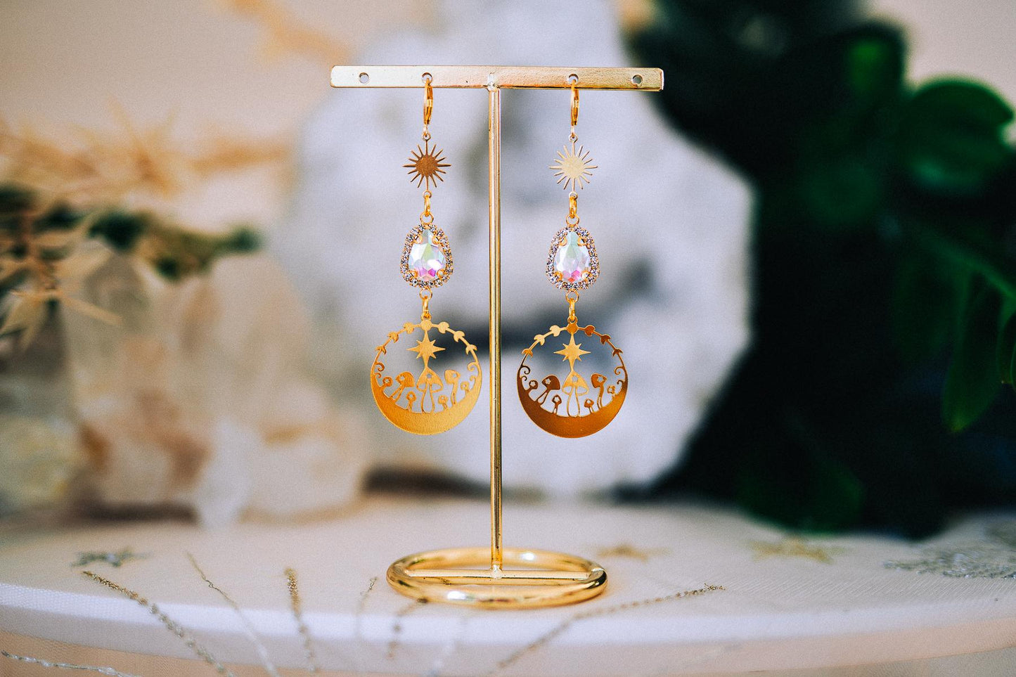 Celestial Mushroom Earrings Gold Crystal Jewelry Festival Goddess Earrings Statement Jewelry