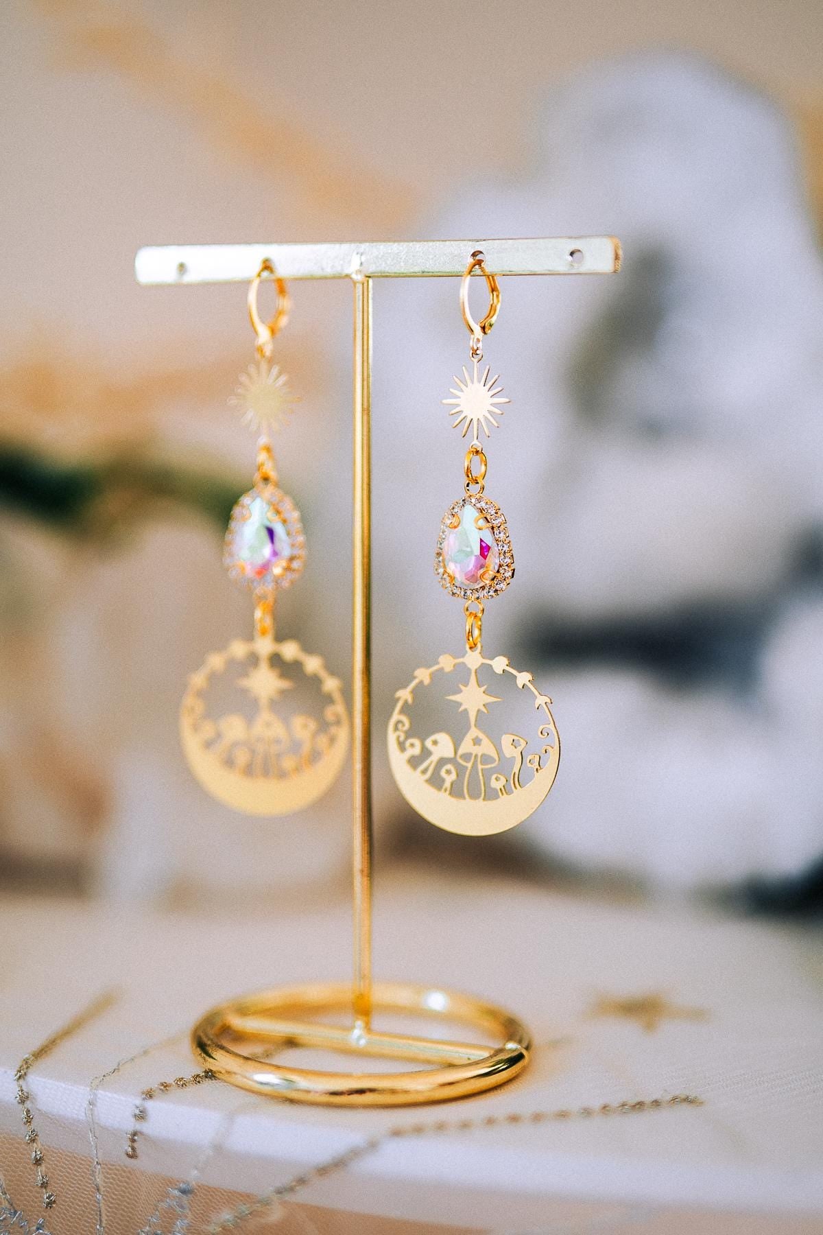 Celestial Mushroom Earrings Gold Crystal Jewelry Festival Goddess Earrings Statement Jewelry