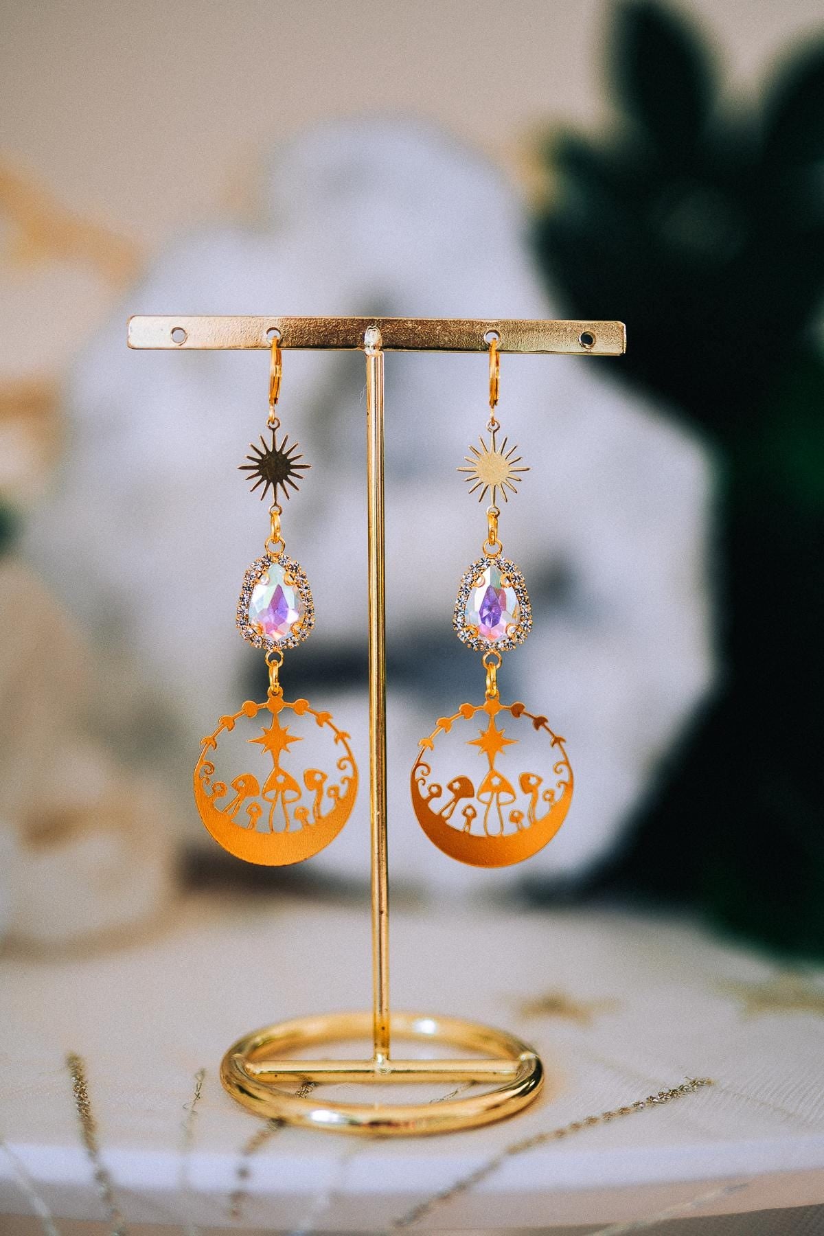 Celestial Mushroom Earrings Gold Crystal Jewelry Festival Goddess Earrings Statement Jewelry