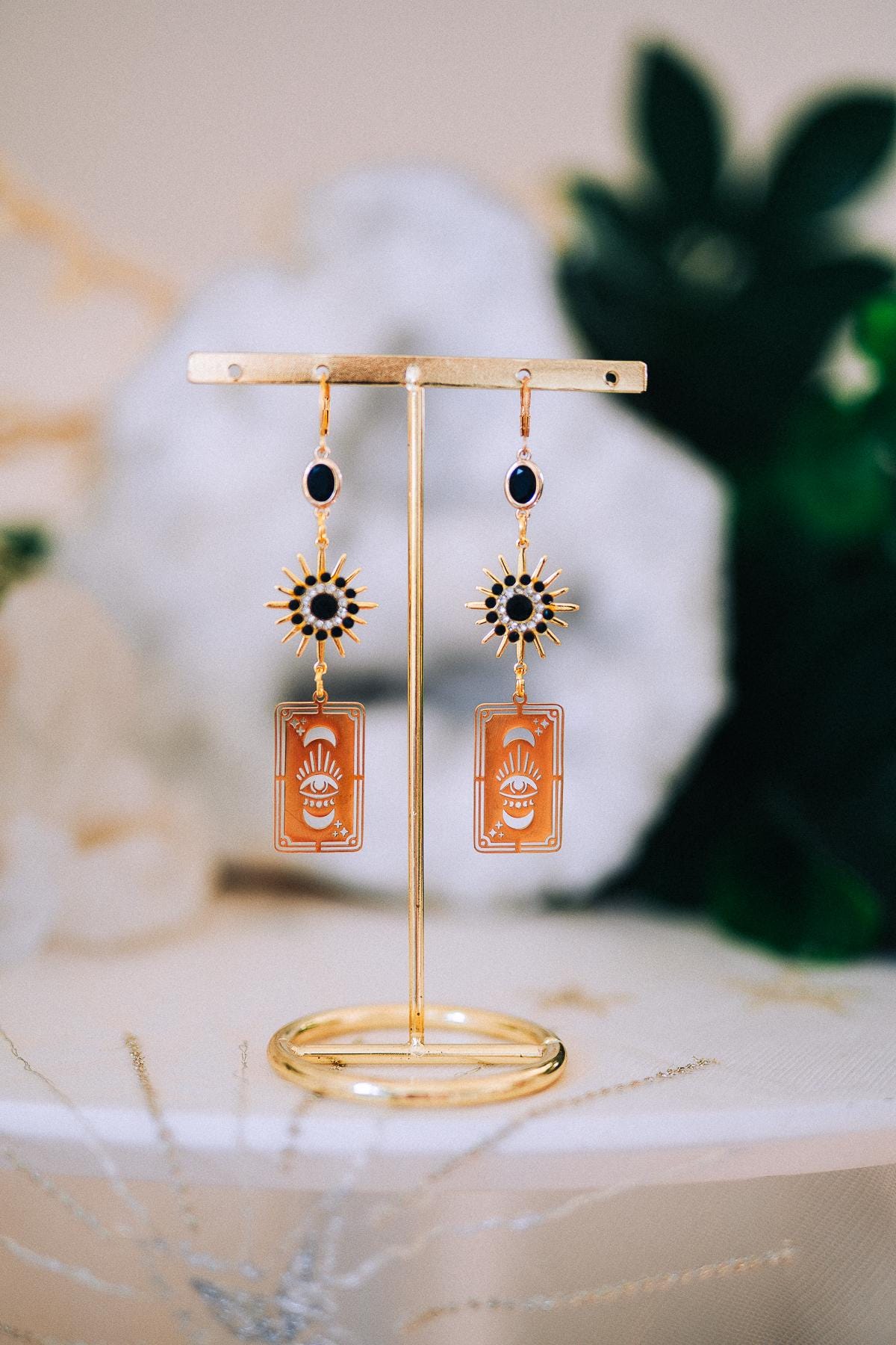 Tarot Card Earrings with Evil Eye and Sunburst – Mystic Statement Jewelry