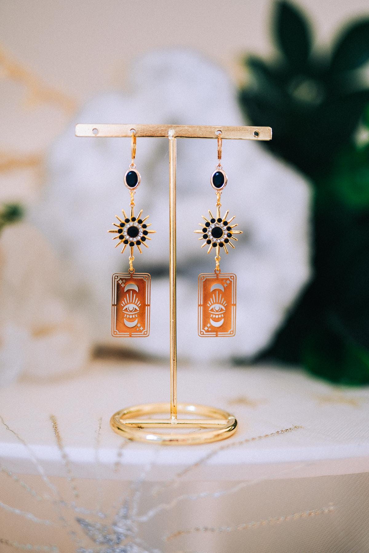 Tarot Card Earrings with Evil Eye and Sunburst – Mystic Statement Jewelry