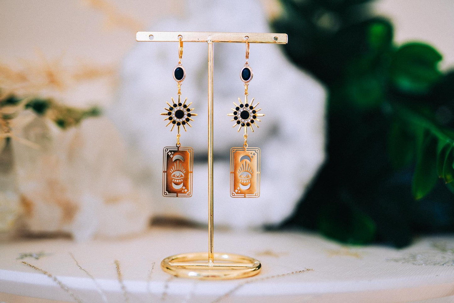 Tarot Card Earrings with Evil Eye and Sunburst – Mystic Statement Jewelry