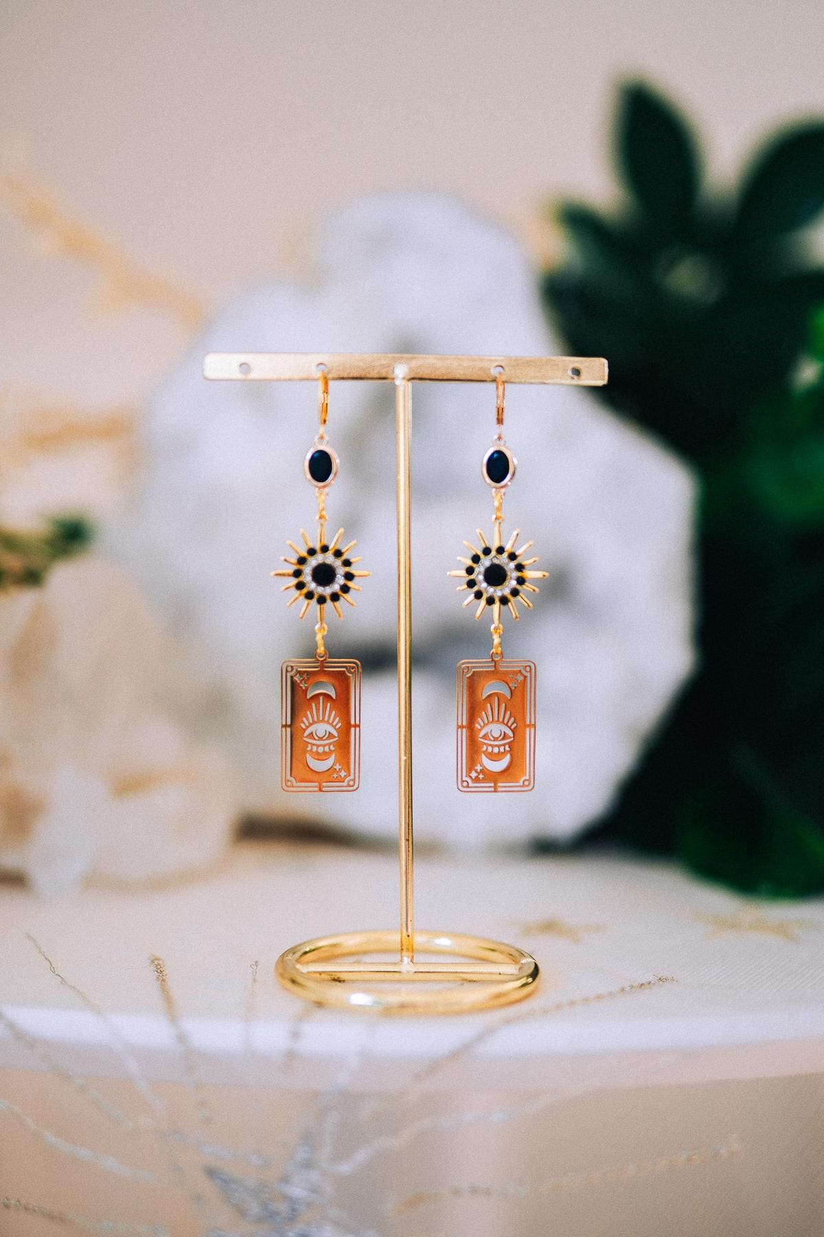 Tarot Card Earrings with Evil Eye and Sunburst – Mystic Statement Jewelry