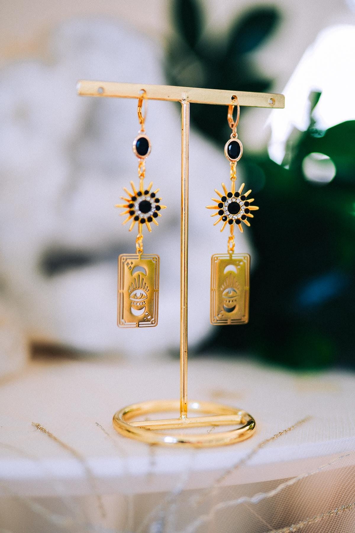 Tarot Card Earrings with Evil Eye and Sunburst – Mystic Statement Jewelry
