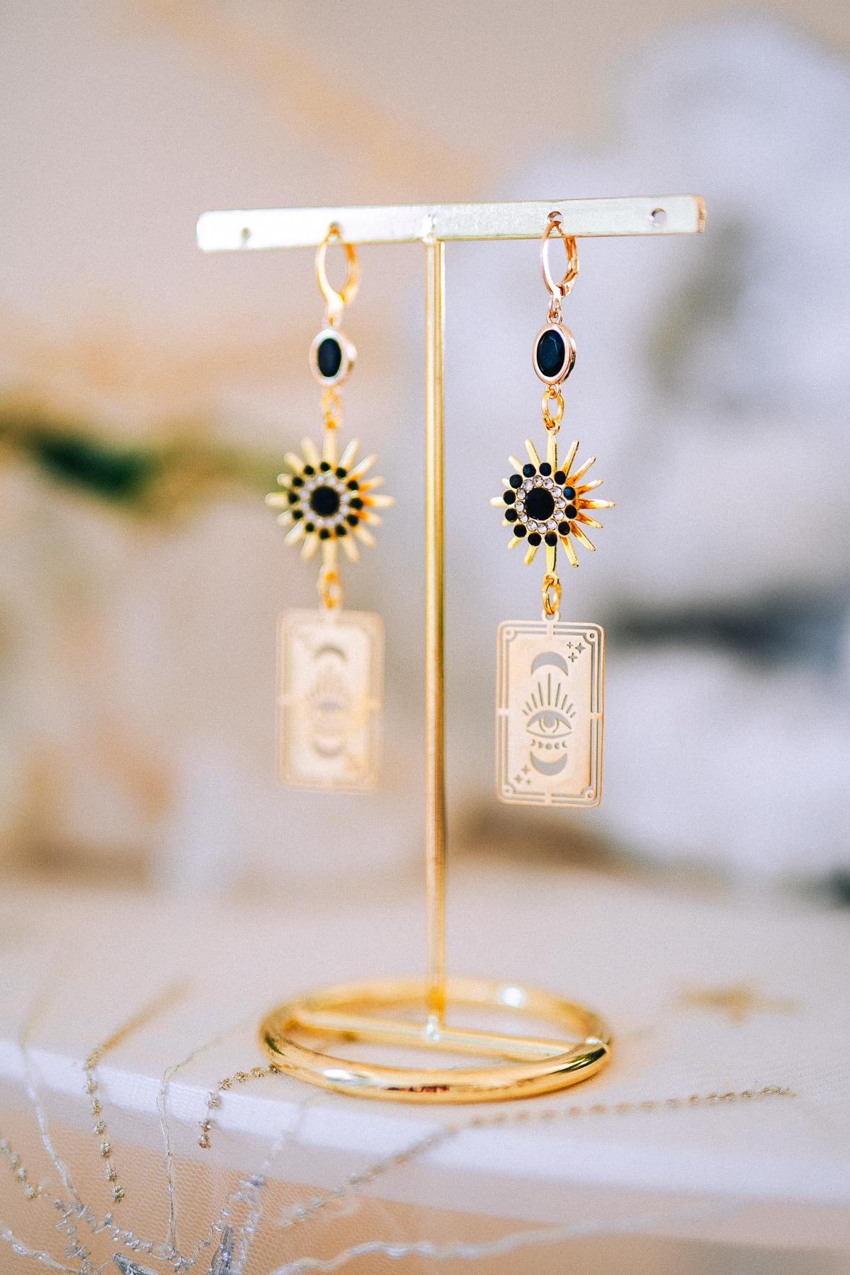 Tarot Card Earrings with Evil Eye and Sunburst – Mystic Statement Jewelry