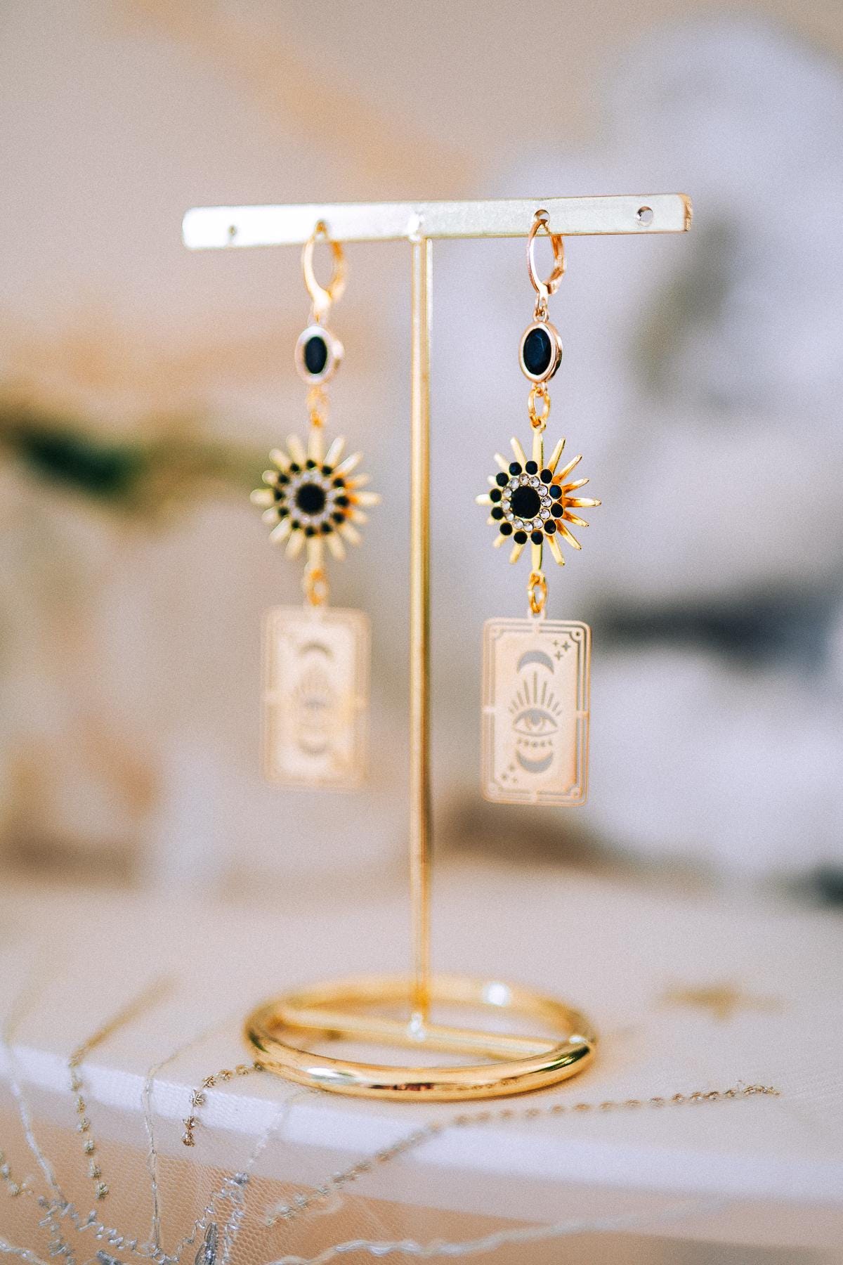 Tarot Card Earrings with Evil Eye and Sunburst – Mystic Statement Jewelry