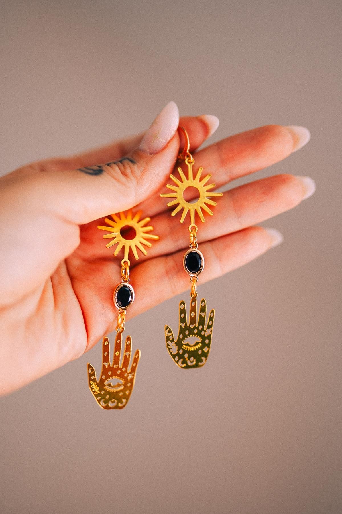 Evil Eye Hand Earrings Gold Celestial Jewelry Protection Earrings Goddess Statement Jewelry