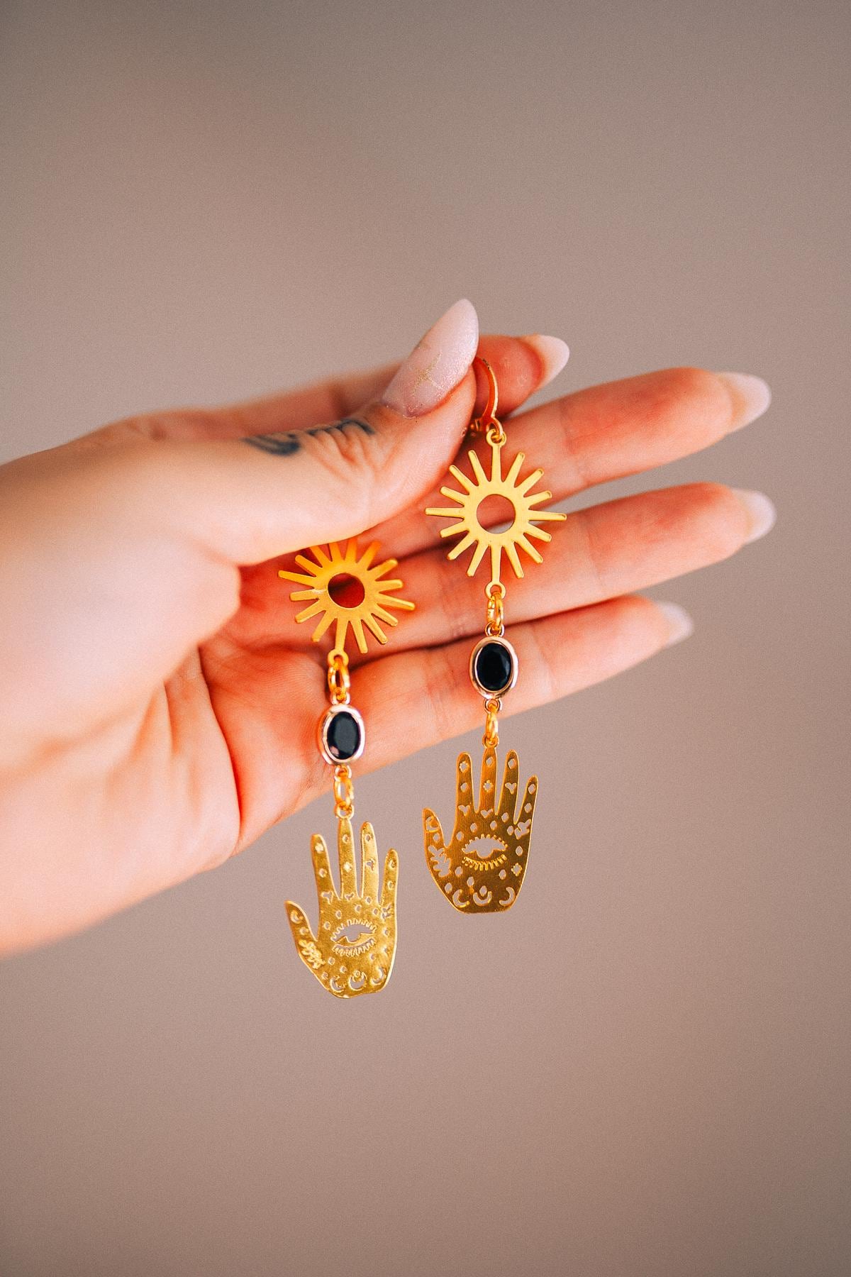 Evil Eye Hand Earrings Gold Celestial Jewelry Protection Earrings Goddess Statement Jewelry