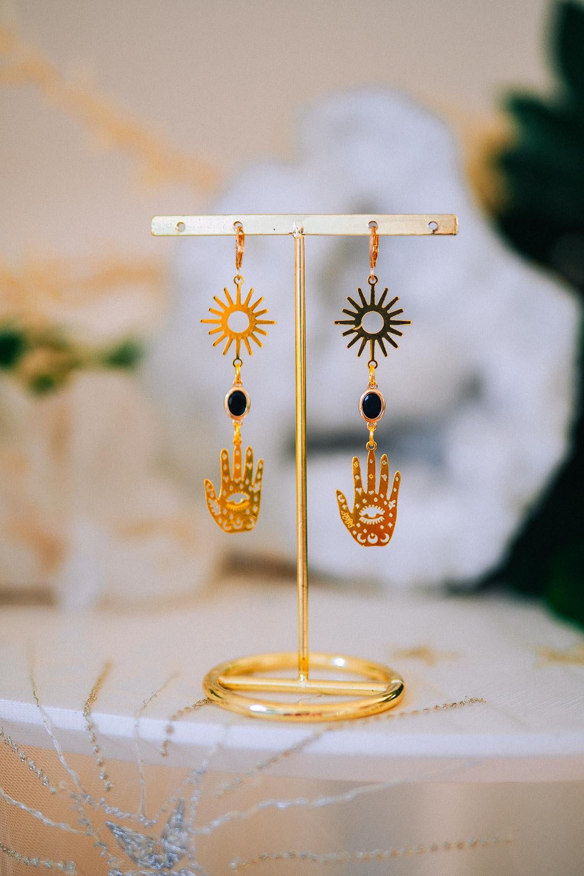 Evil Eye Hand Earrings Gold Celestial Jewelry Protection Earrings Goddess Statement Jewelry