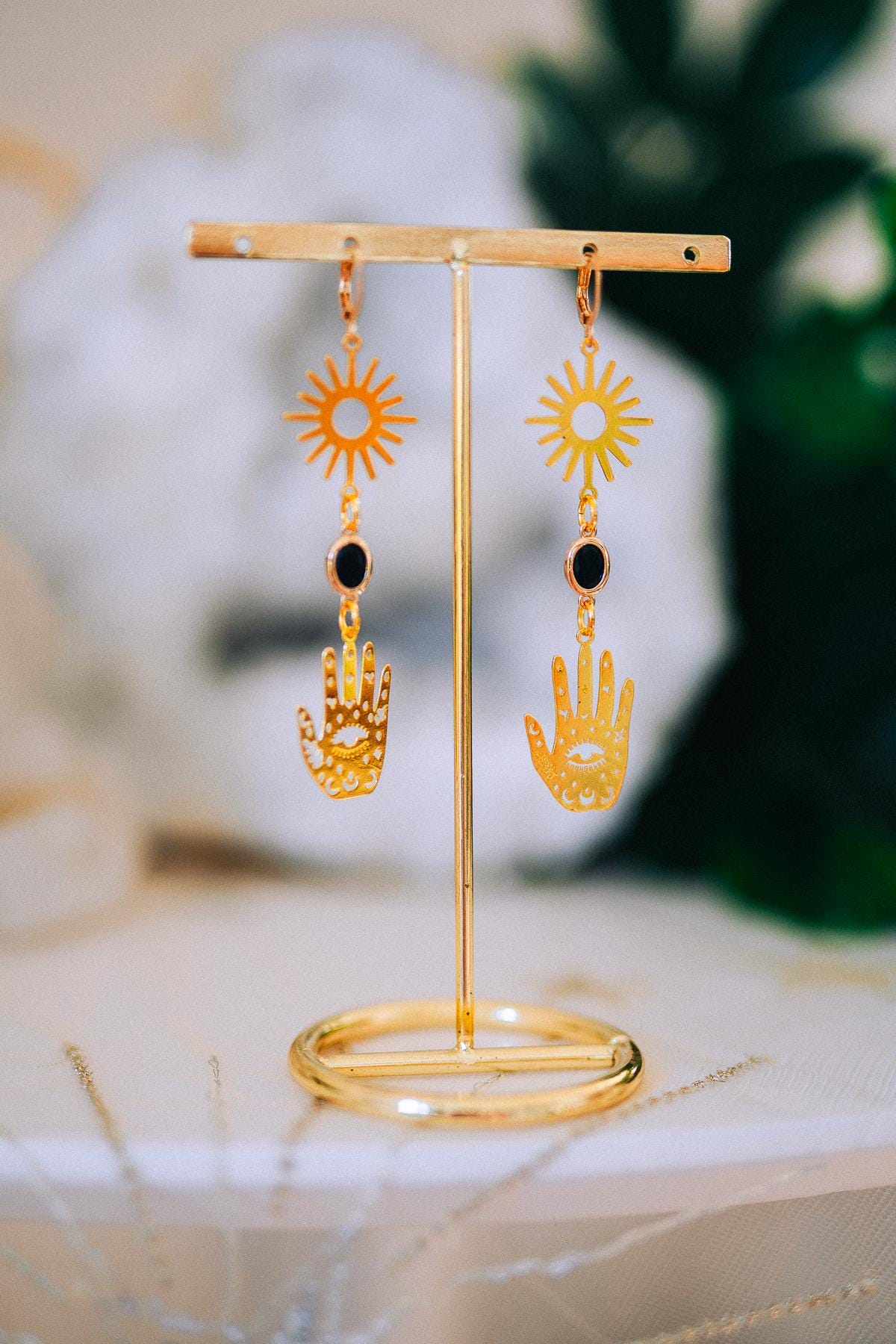 Evil Eye Hand Earrings Gold Celestial Jewelry Protection Earrings Goddess Statement Jewelry