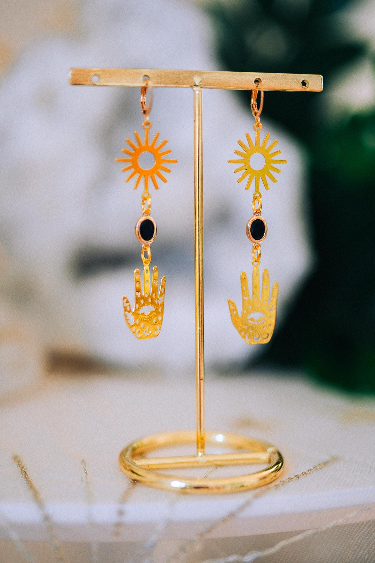 Evil Eye Hand Earrings Gold Celestial Jewelry Protection Earrings Goddess Statement Jewelry