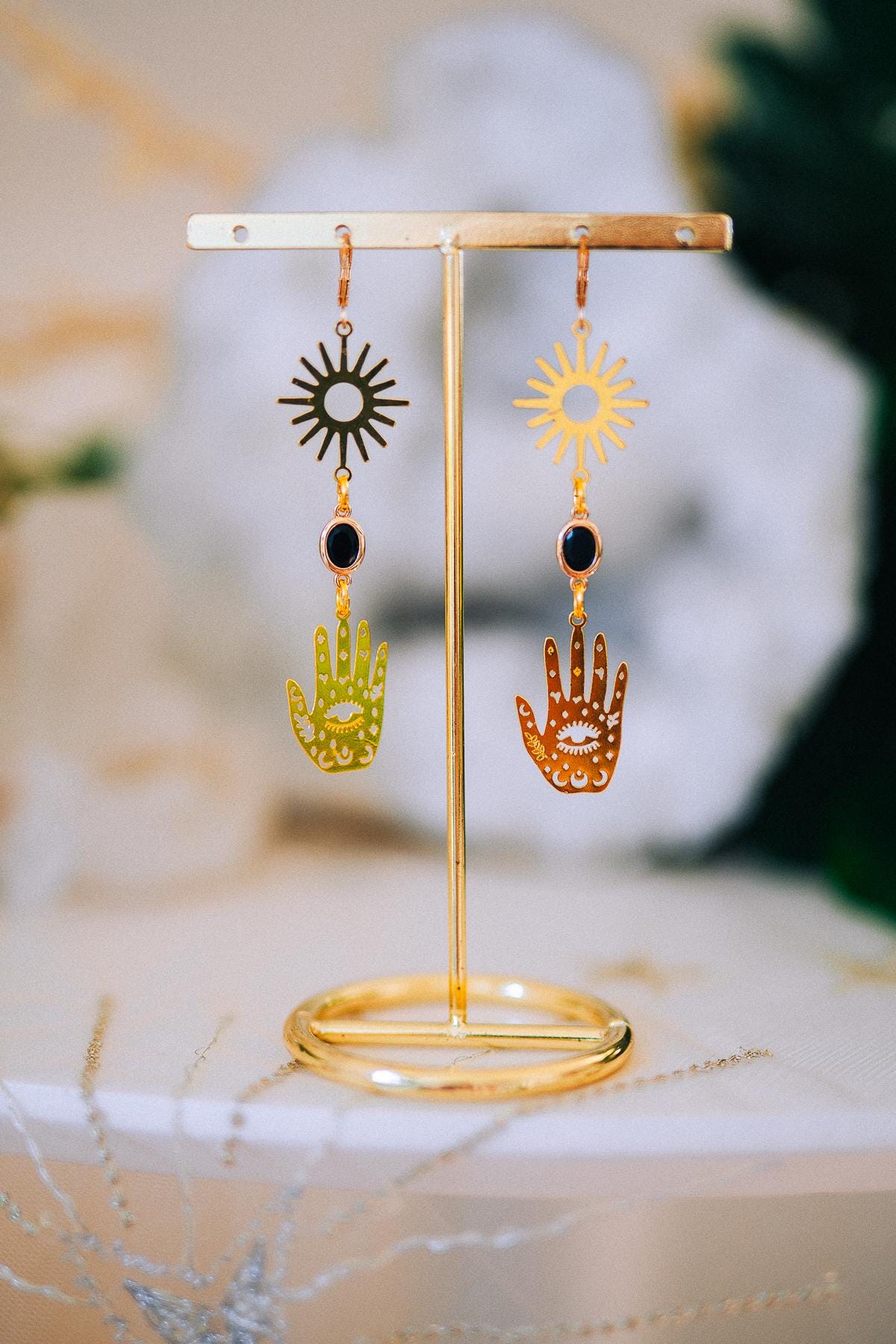 Evil Eye Hand Earrings Gold Celestial Jewelry Protection Earrings Goddess Statement Jewelry