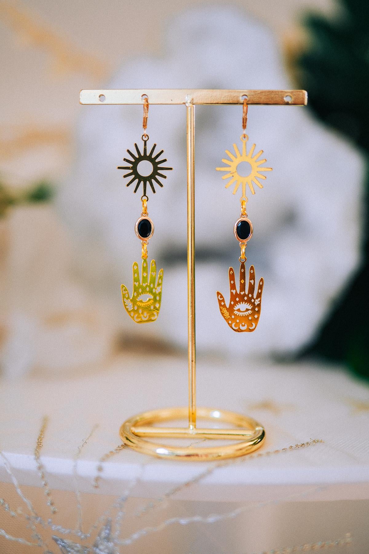 Evil Eye Hand Earrings Gold Celestial Jewelry Protection Earrings Goddess Statement Jewelry
