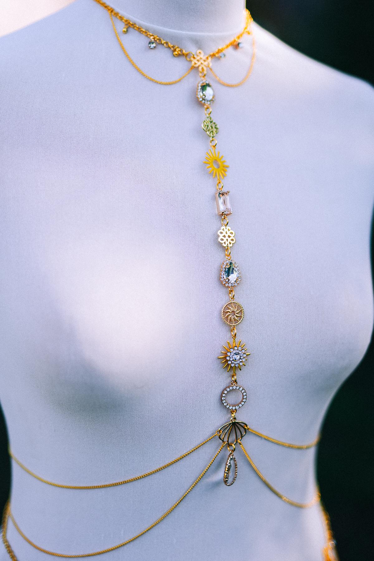 Celestial Body Chain Harness Gold Festival Jewelry Sun Moon Goddess Necklace