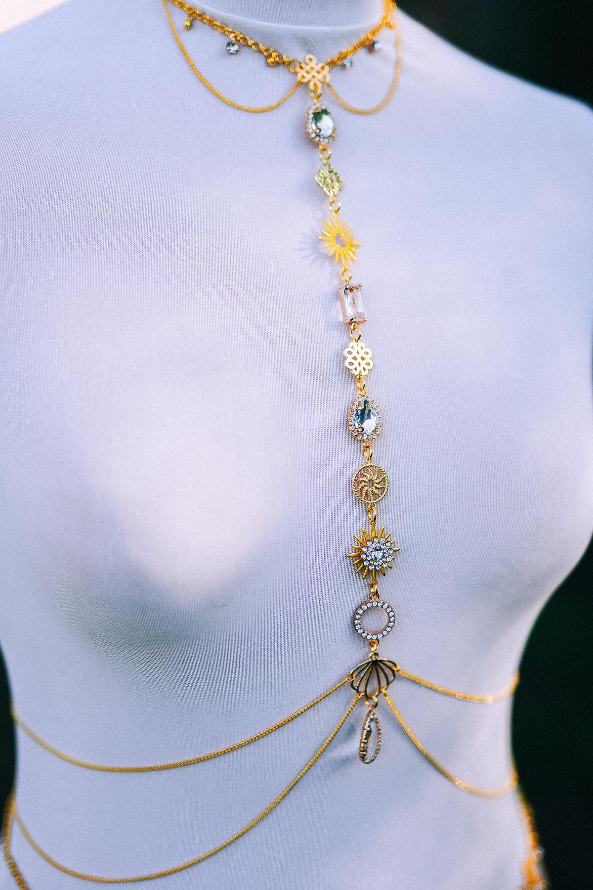 Celestial Body Chain Harness Gold Festival Jewelry Sun Moon Goddess Necklace