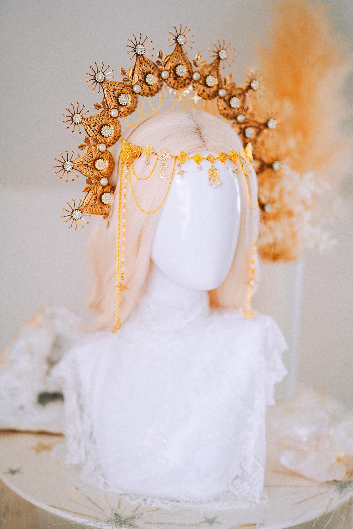 Golden Celestial Halo Crown Goddess Headpiece Wedding Festival Crown