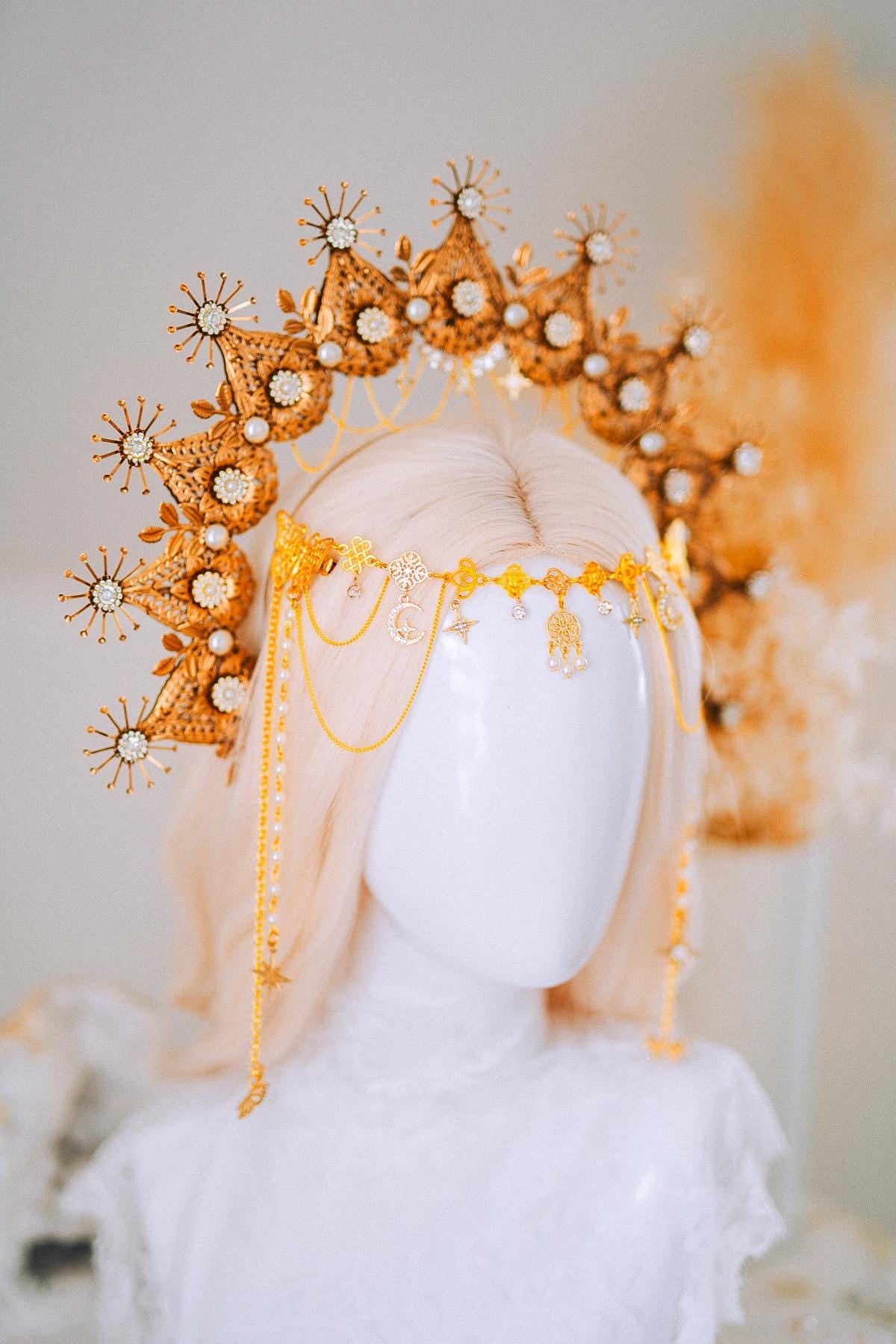 Golden Celestial Halo Crown Goddess Headpiece Wedding Festival Crown