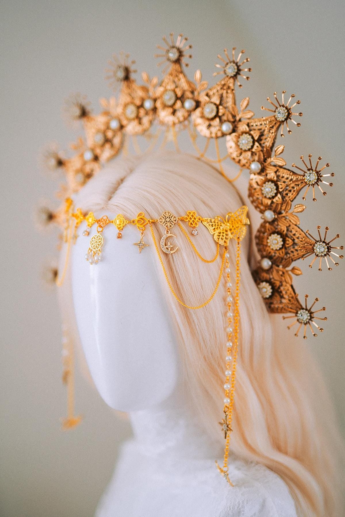 Golden Celestial Halo Crown Goddess Headpiece Wedding Festival Crown