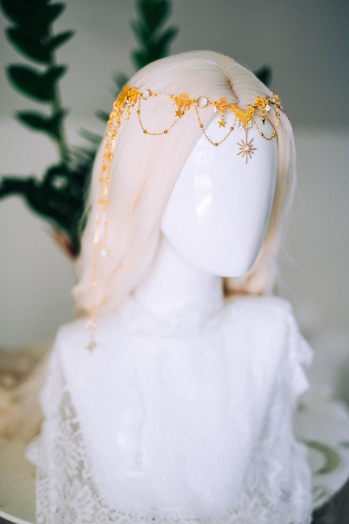 Gold Celestial Hair Chain Bridal Headpiece Star Moon Crown Boho Festival Hair Jewelry