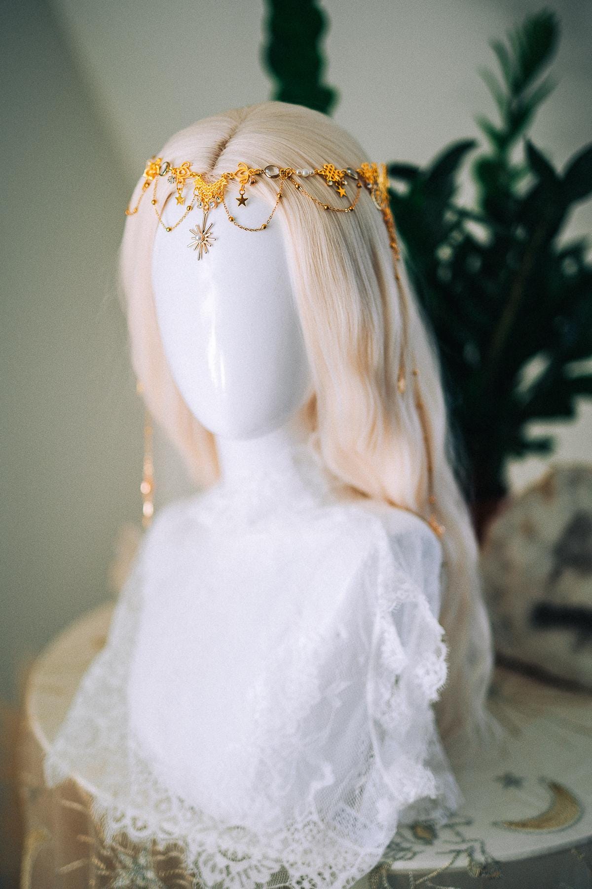 Gold Celestial Hair Chain Bridal Headpiece Star Moon Crown Boho Festival Hair Jewelry