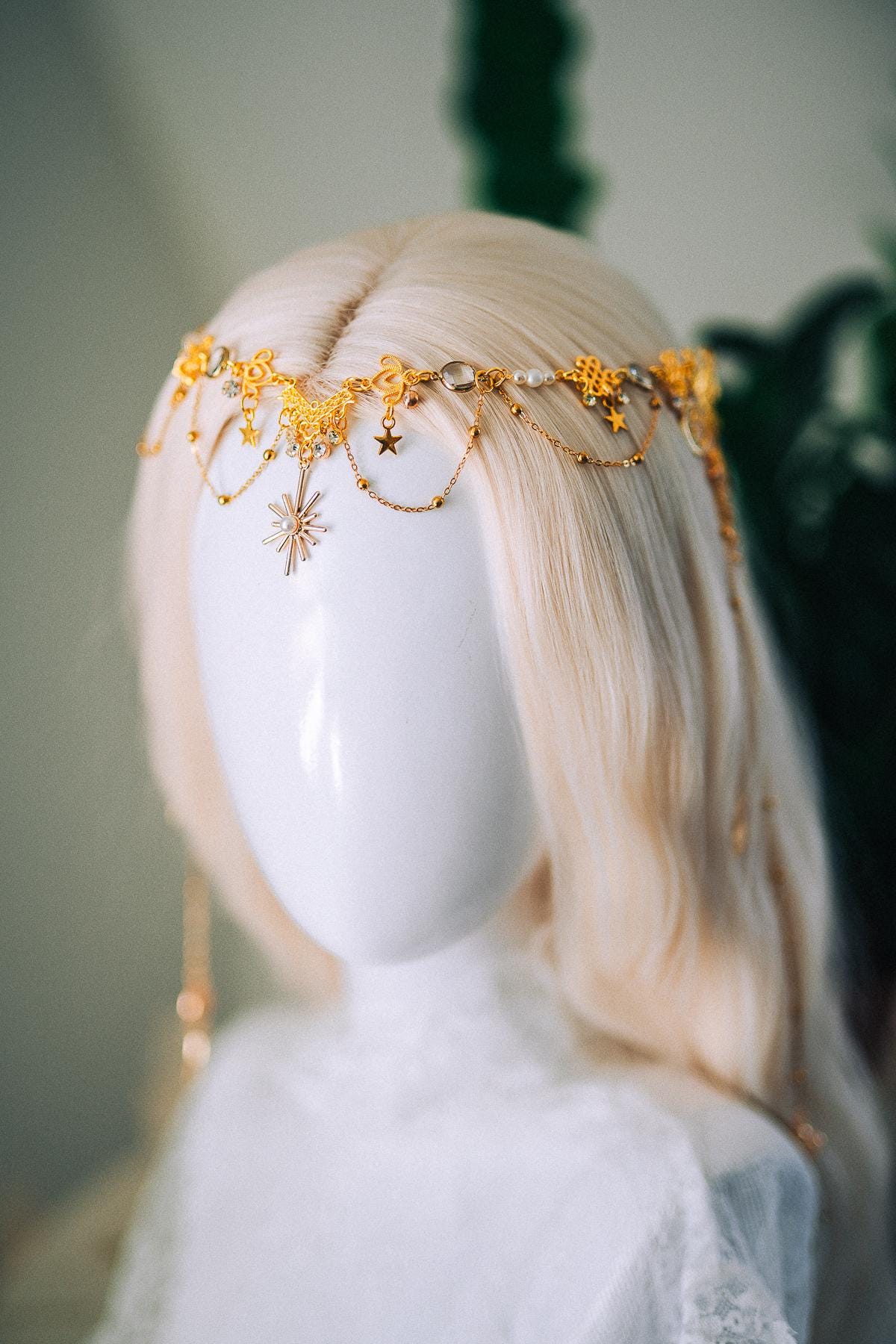Gold Celestial Hair Chain Bridal Headpiece Star Moon Crown Boho Festival Hair Jewelry
