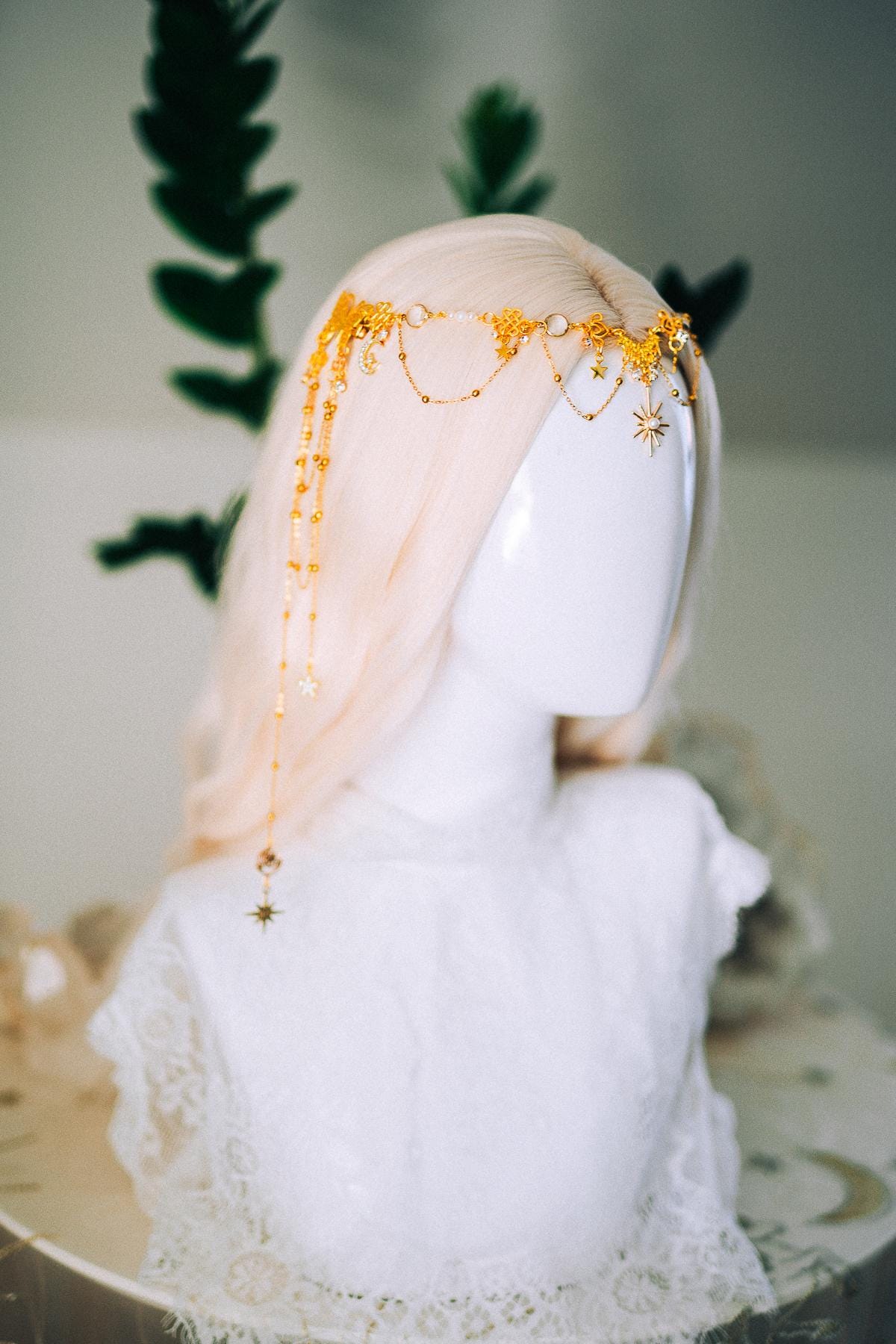 Gold Celestial Hair Chain Bridal Headpiece Star Moon Crown Boho Festival Hair Jewelry
