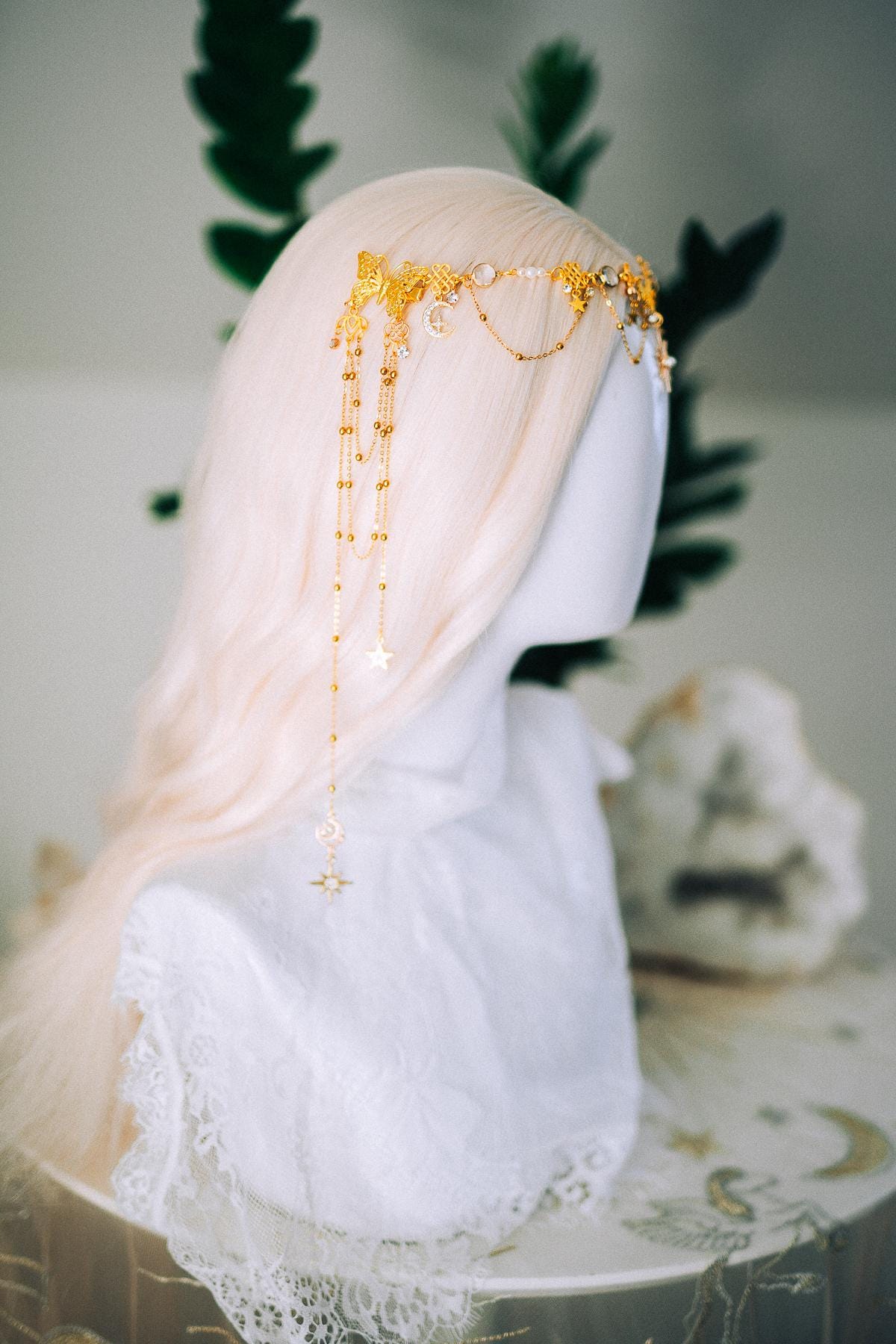 Gold Celestial Hair Chain Bridal Headpiece Star Moon Crown Boho Festival Hair Jewelry