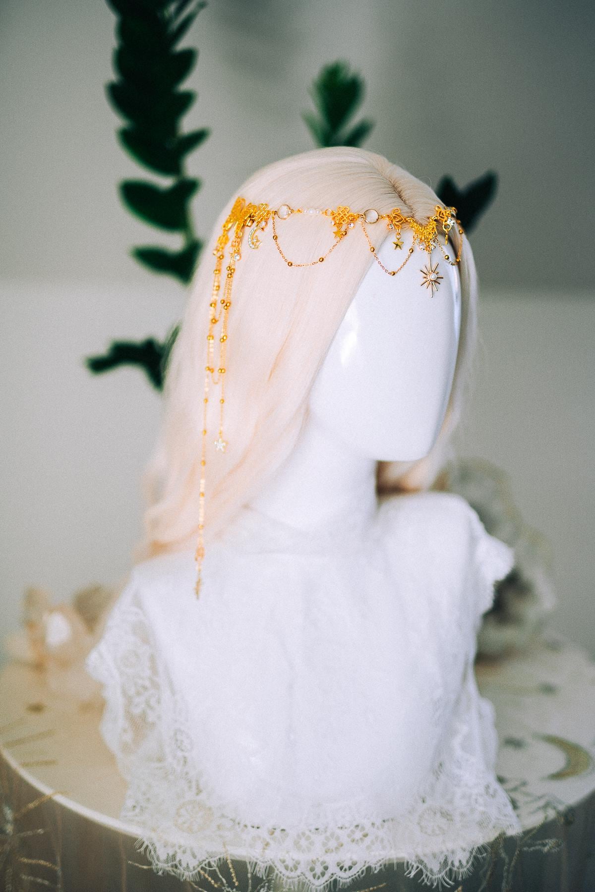 Gold Celestial Hair Chain Bridal Headpiece Star Moon Crown Boho Festival Hair Jewelry