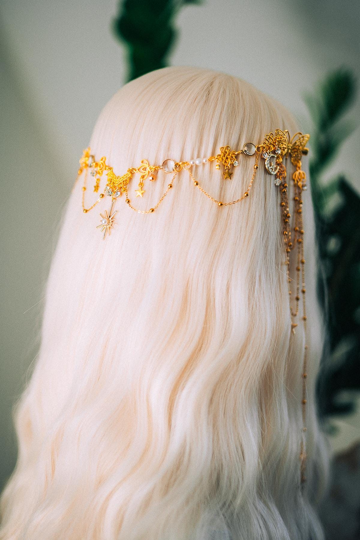 Gold Celestial Hair Chain Bridal Headpiece Star Moon Crown Boho Festival Hair Jewelry