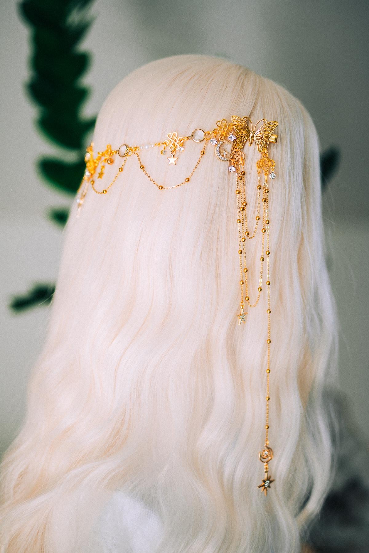 Gold Celestial Hair Chain Bridal Headpiece Star Moon Crown Boho Festival Hair Jewelry