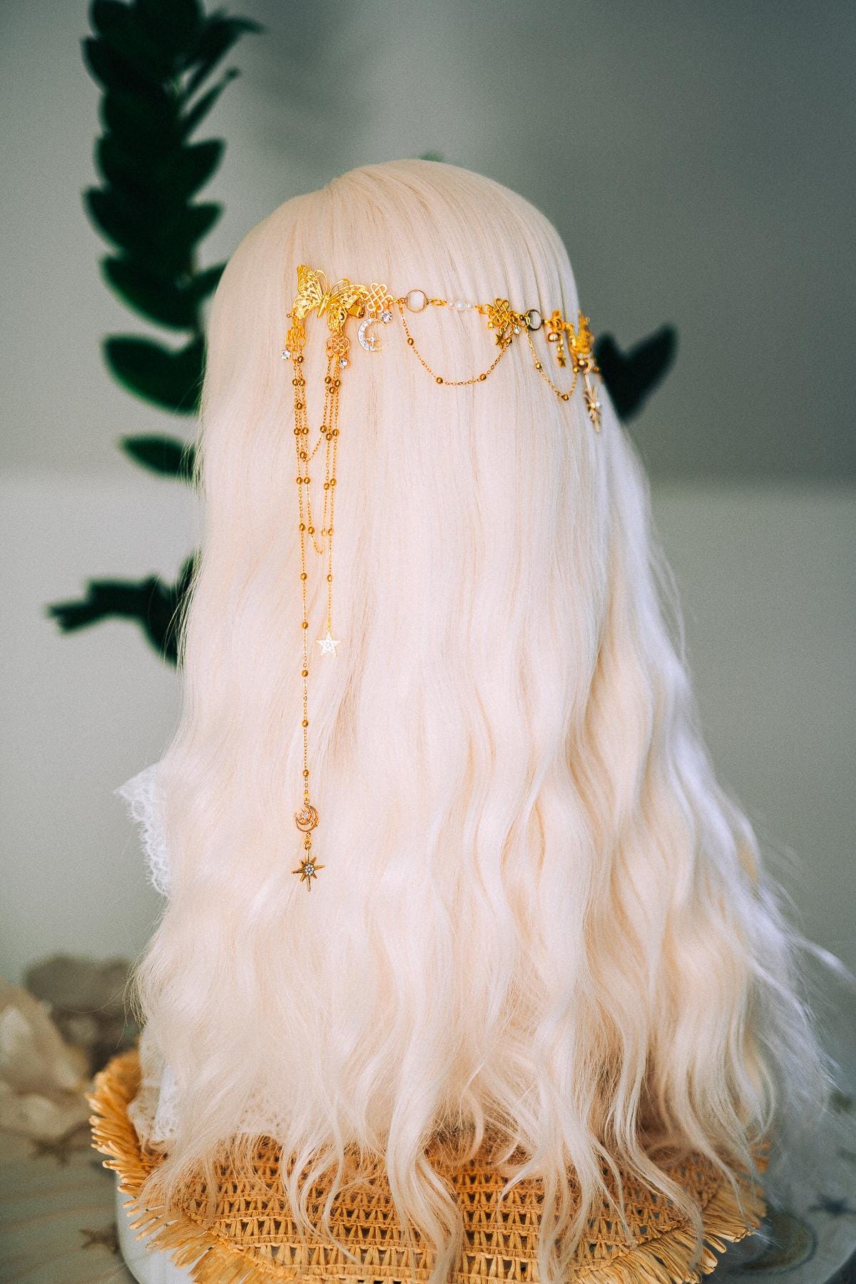 Gold Celestial Hair Chain Bridal Headpiece Star Moon Crown Boho Festival Hair Jewelry