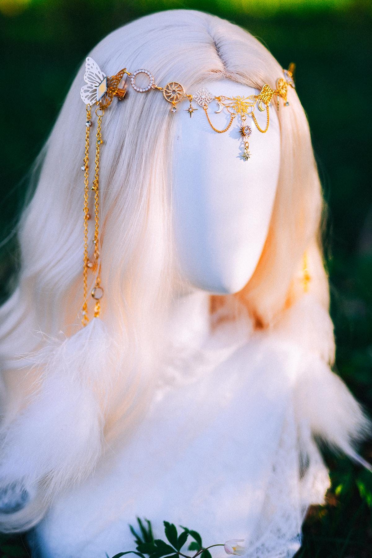 Gold Butterfly Hair Chain Festival Headpiece Feather Bridal Hair Jewelry Celestial Crown