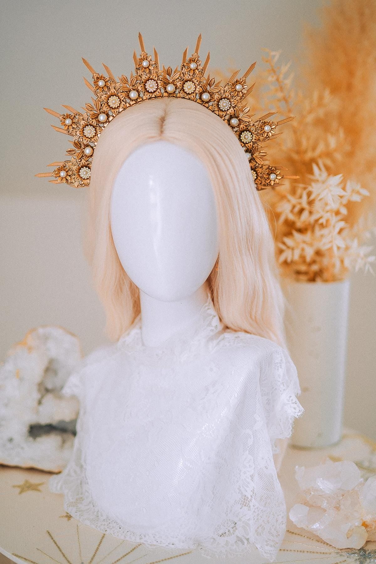 Golden Floral Sun Halo Crown Bridal Headpiece